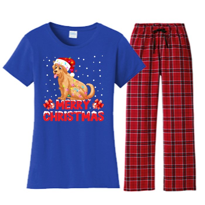 Merry Christmas Golden Retriever Santa Hat Lights Snowflakes Gift Women's Flannel Pajama Set