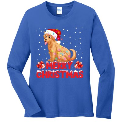 Merry Christmas Golden Retriever Santa Hat Lights Snowflakes Gift Ladies Long Sleeve Shirt