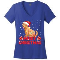 Merry Christmas Golden Retriever Santa Hat Lights Snowflakes Gift Women's V-Neck T-Shirt