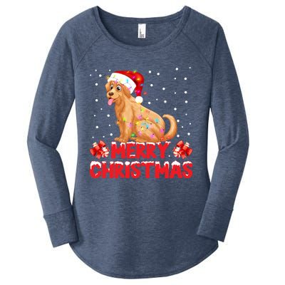 Merry Christmas Golden Retriever Santa Hat Lights Snowflakes Gift Women's Perfect Tri Tunic Long Sleeve Shirt