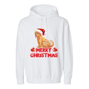 Merry Christmas Golden Retriever Santa Hat Lights Snowflakes Gift Garment-Dyed Fleece Hoodie