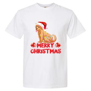 Merry Christmas Golden Retriever Santa Hat Lights Snowflakes Gift Garment-Dyed Heavyweight T-Shirt