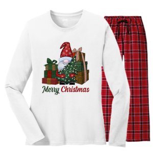 Merry Christmas Gnome Festive Holiday Gift Women's Long Sleeve Flannel Pajama Set 