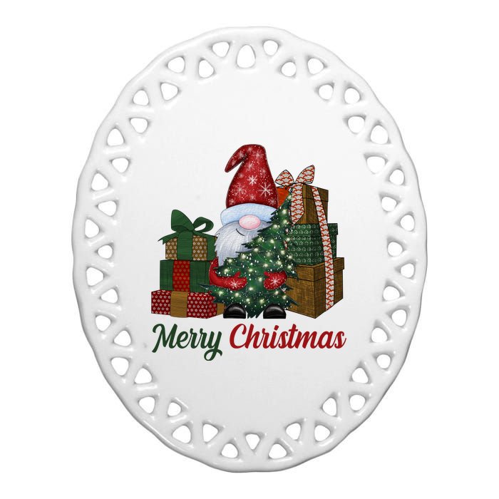 Merry Christmas Gnome Festive Holiday Gift Ceramic Oval Ornament