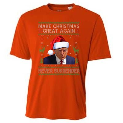 Make Christmas Great Again Trump Mug Shot Never Surrender  Cooling Performance Crew T-Shirt