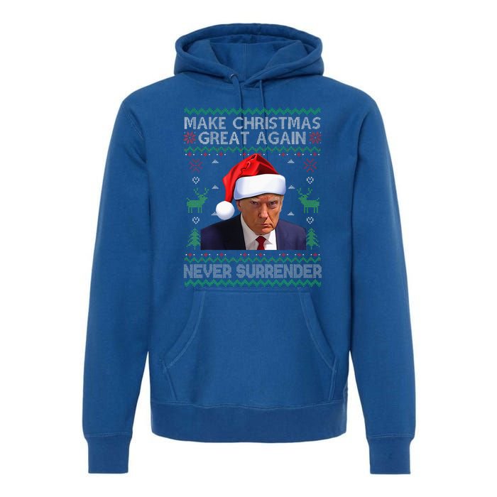 Make Christmas Great Again Trump Mug Shot Never Surrender  Premium Hoodie