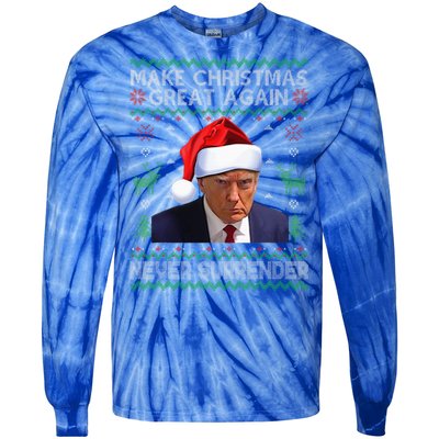 Make Christmas Great Again Trump Mug Shot Never Surrender  Tie-Dye Long Sleeve Shirt