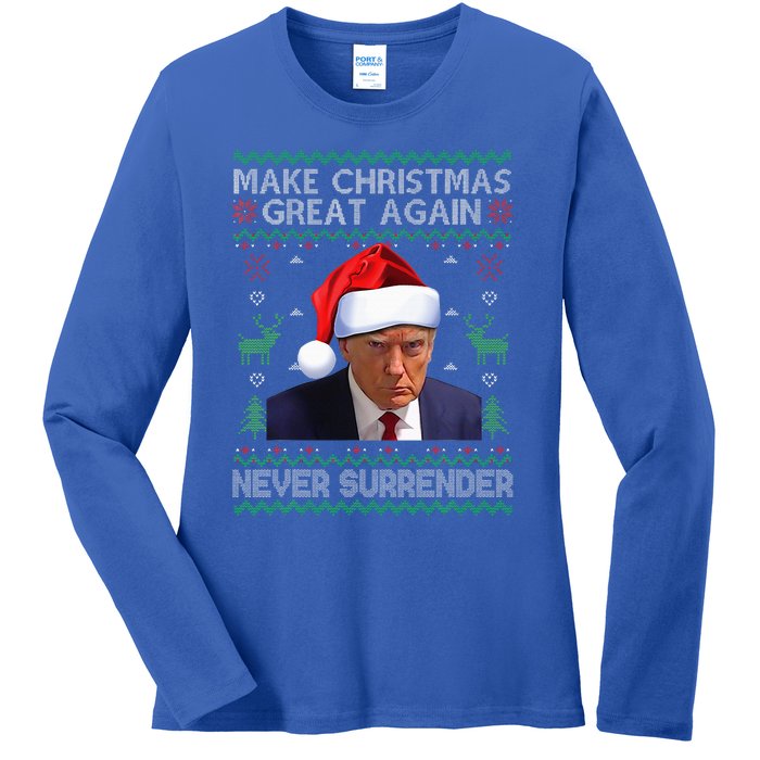 Make Christmas Great Again Trump Mug Shot Never Surrender  Ladies Long Sleeve Shirt