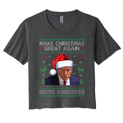 Make Christmas Great Again Trump Mug Shot Never Surrender  Women's Crop Top Tee