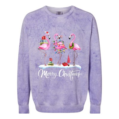 Merry Christmas Hat Santa Flamingo Light Snow Xmas Pajamas Colorblast Crewneck Sweatshirt