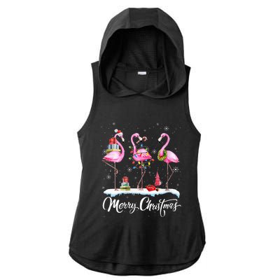 Merry Christmas Hat Santa Flamingo Light Snow Xmas Pajamas Ladies PosiCharge Tri-Blend Wicking Draft Hoodie Tank