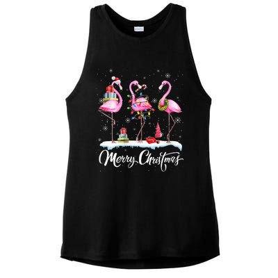 Merry Christmas Hat Santa Flamingo Light Snow Xmas Pajamas Ladies PosiCharge Tri-Blend Wicking Tank