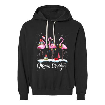 Merry Christmas Hat Santa Flamingo Light Snow Xmas Pajamas Garment-Dyed Fleece Hoodie