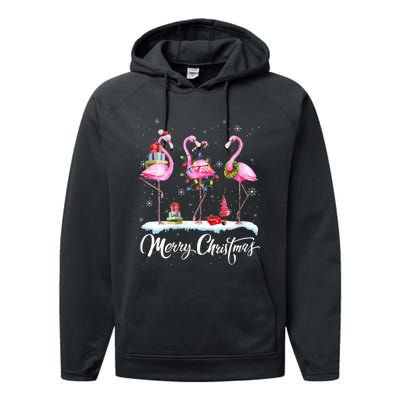 Merry Christmas Hat Santa Flamingo Light Snow Xmas Pajamas Performance Fleece Hoodie