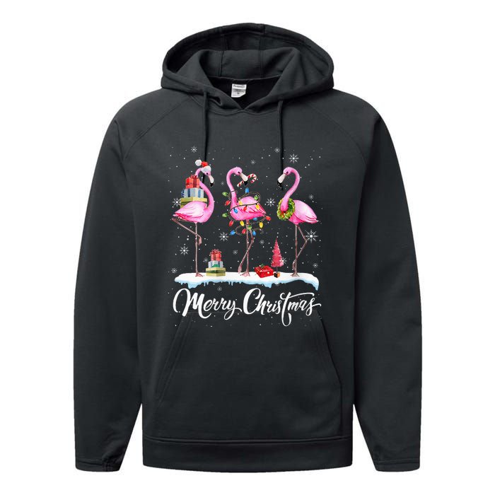 Merry Christmas Hat Santa Flamingo Light Snow Xmas Pajamas Performance Fleece Hoodie