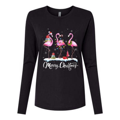 Merry Christmas Hat Santa Flamingo Light Snow Xmas Pajamas Womens Cotton Relaxed Long Sleeve T-Shirt