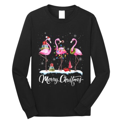 Merry Christmas Hat Santa Flamingo Light Snow Xmas Pajamas Long Sleeve Shirt