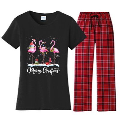 Merry Christmas Hat Santa Flamingo Light Snow Xmas Pajamas Women's Flannel Pajama Set