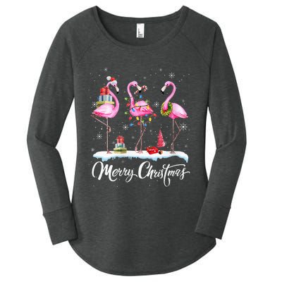 Merry Christmas Hat Santa Flamingo Light Snow Xmas Pajamas Women's Perfect Tri Tunic Long Sleeve Shirt