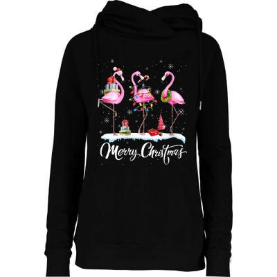 Merry Christmas Hat Santa Flamingo Light Snow Xmas Pajamas Womens Funnel Neck Pullover Hood