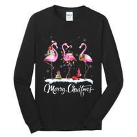 Merry Christmas Hat Santa Flamingo Light Snow Xmas Pajamas Tall Long Sleeve T-Shirt