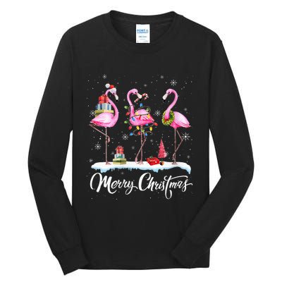 Merry Christmas Hat Santa Flamingo Light Snow Xmas Pajamas Tall Long Sleeve T-Shirt