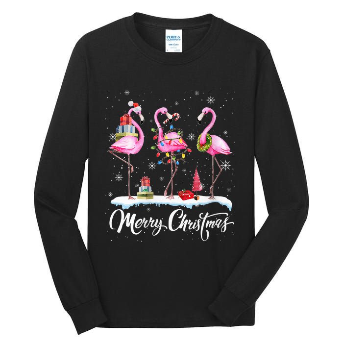 Merry Christmas Hat Santa Flamingo Light Snow Xmas Pajamas Tall Long Sleeve T-Shirt