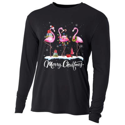 Merry Christmas Hat Santa Flamingo Light Snow Xmas Pajamas Cooling Performance Long Sleeve Crew