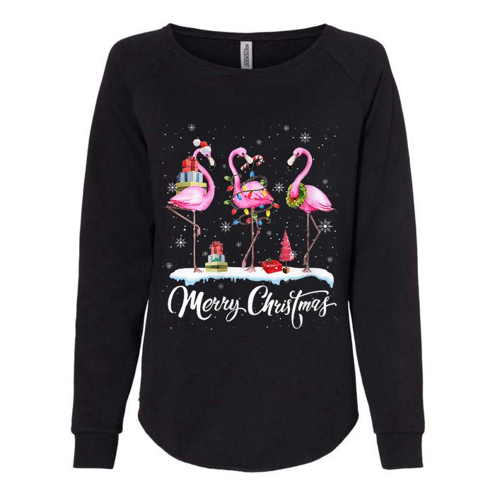 Merry Christmas Hat Santa Flamingo Light Snow Xmas Pajamas Womens California Wash Sweatshirt