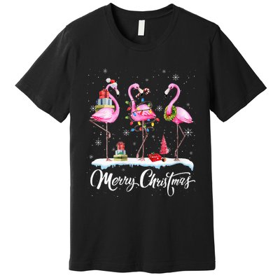 Merry Christmas Hat Santa Flamingo Light Snow Xmas Pajamas Premium T-Shirt