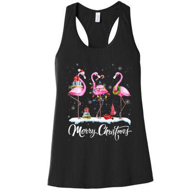 Merry Christmas Hat Santa Flamingo Light Snow Xmas Pajamas Women's Racerback Tank