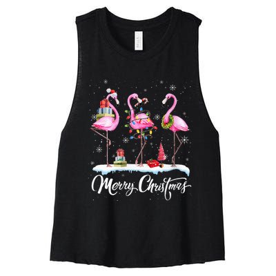 Merry Christmas Hat Santa Flamingo Light Snow Xmas Pajamas Women's Racerback Cropped Tank