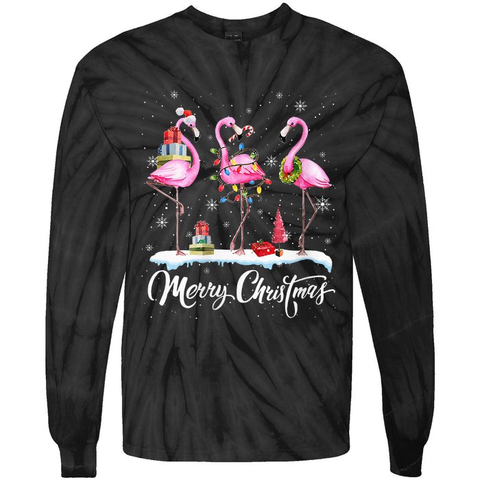 Merry Christmas Hat Santa Flamingo Light Snow Xmas Pajamas Tie-Dye Long Sleeve Shirt