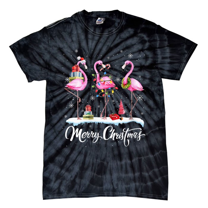 Merry Christmas Hat Santa Flamingo Light Snow Xmas Pajamas Tie-Dye T-Shirt