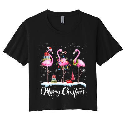 Merry Christmas Hat Santa Flamingo Light Snow Xmas Pajamas Women's Crop Top Tee