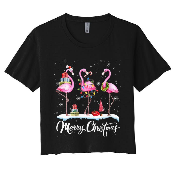 Merry Christmas Hat Santa Flamingo Light Snow Xmas Pajamas Women's Crop Top Tee