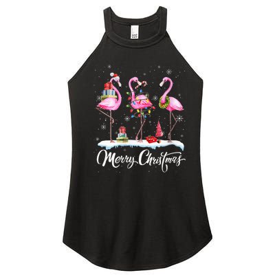 Merry Christmas Hat Santa Flamingo Light Snow Xmas Pajamas Women's Perfect Tri Rocker Tank