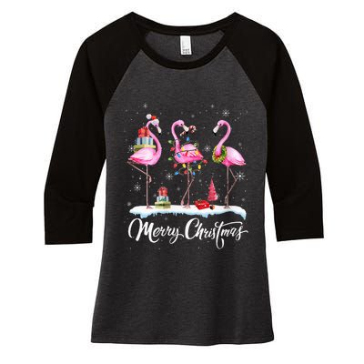 Merry Christmas Hat Santa Flamingo Light Snow Xmas Pajamas Women's Tri-Blend 3/4-Sleeve Raglan Shirt