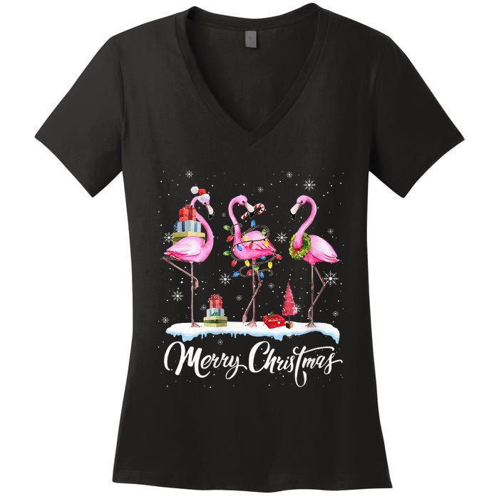 Merry Christmas Hat Santa Flamingo Light Snow Xmas Pajamas Women's V-Neck T-Shirt