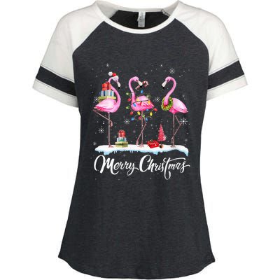 Merry Christmas Hat Santa Flamingo Light Snow Xmas Pajamas Enza Ladies Jersey Colorblock Tee