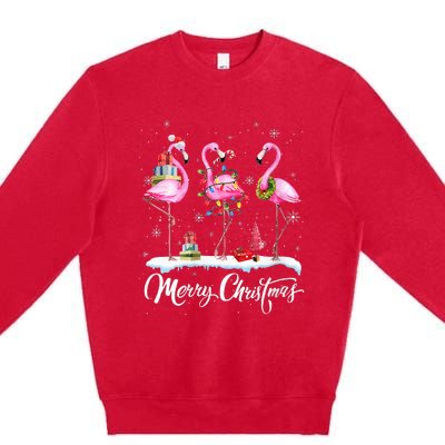 Merry Christmas Hat Santa Flamingo Light Snow Xmas Pajamas Premium Crewneck Sweatshirt