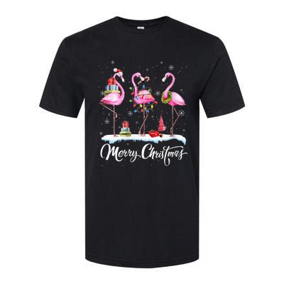 Merry Christmas Hat Santa Flamingo Light Snow Xmas Pajamas Softstyle CVC T-Shirt