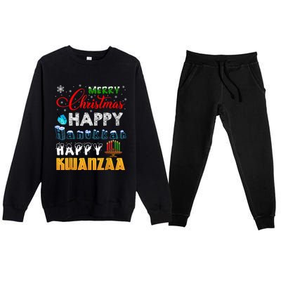 Merry Christmas Happy Hanukkah Happy Kwanzaa Premium Crewneck Sweatsuit Set