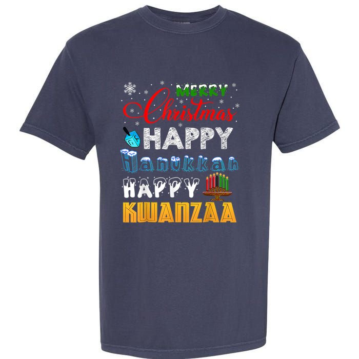 Merry Christmas Happy Hanukkah Happy Kwanzaa Garment-Dyed Heavyweight T-Shirt