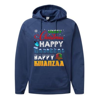 Merry Christmas Happy Hanukkah Happy Kwanzaa Performance Fleece Hoodie