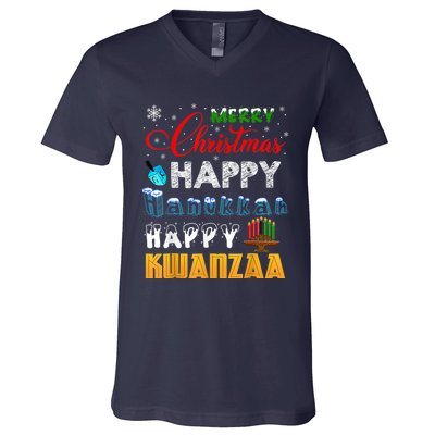 Merry Christmas Happy Hanukkah Happy Kwanzaa V-Neck T-Shirt