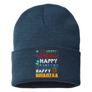 Merry Christmas Happy Hanukkah Happy Kwanzaa Sustainable Knit Beanie