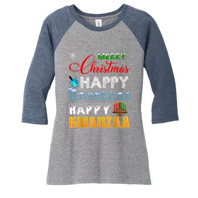 Merry Christmas Happy Hanukkah Happy Kwanzaa Women's Tri-Blend 3/4-Sleeve Raglan Shirt