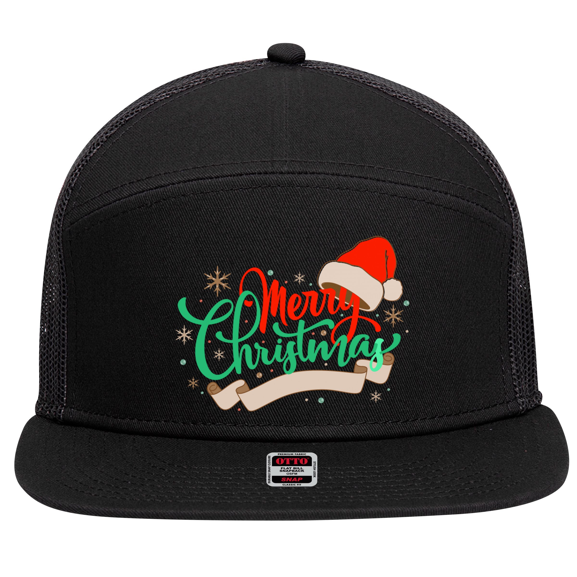 Merry Christmas Holiday Santa Snowflake 7 Panel Mesh Trucker Snapback Hat