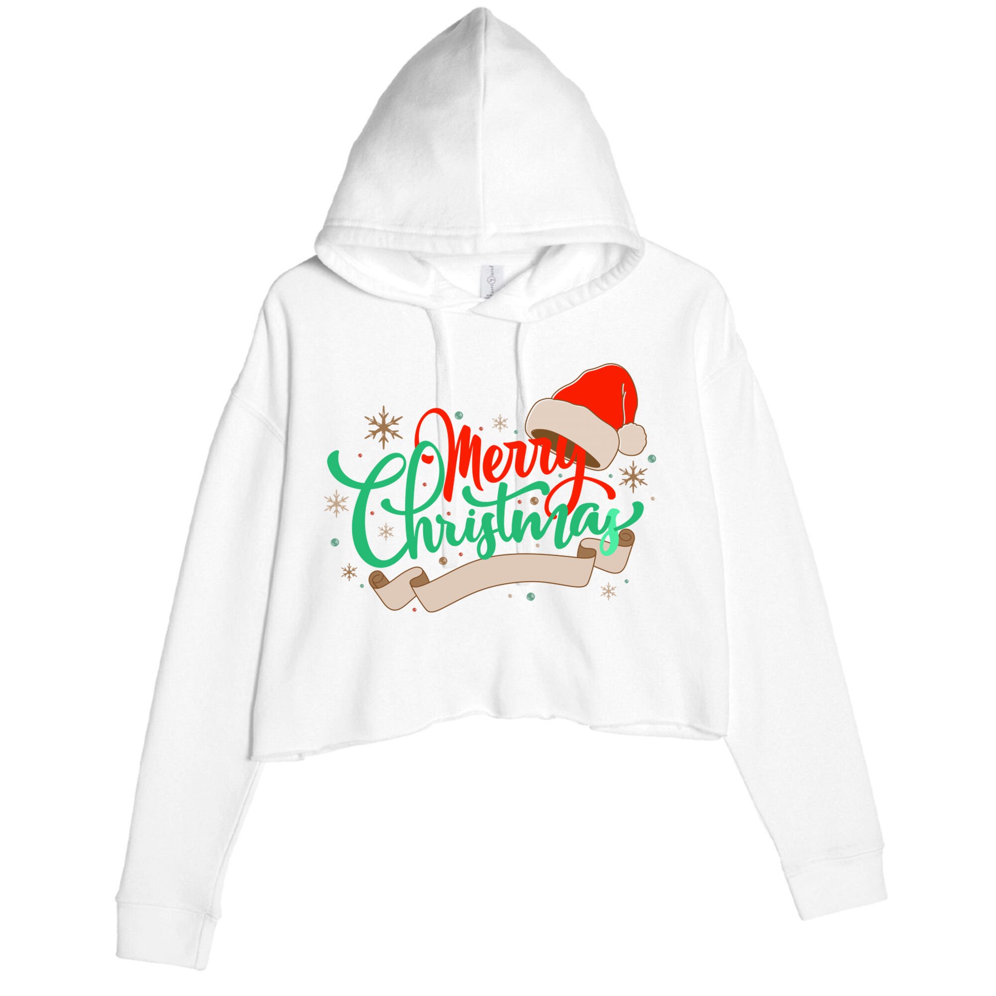 Merry Christmas Holiday Santa Snowflake Crop Fleece Hoodie